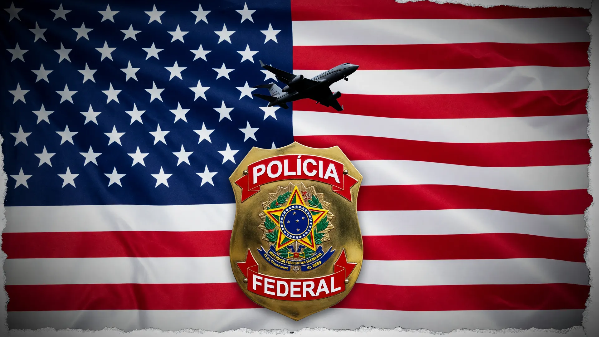 Bandeira dos EUA e distintivo da Polícia Federal em colagem sobre o voo de fuga Flávio Bolsonaro