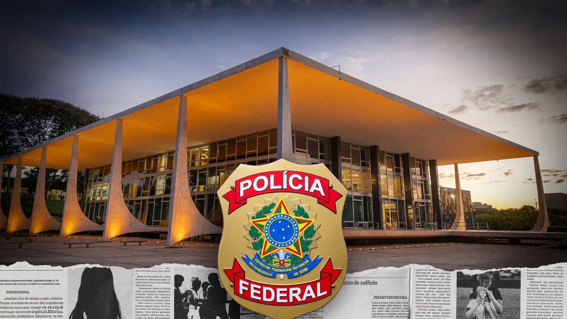 Fachada do STF e distintivo da Polícia Federal simbolizam investigação sobre Willer Tomaz remoção de notícias